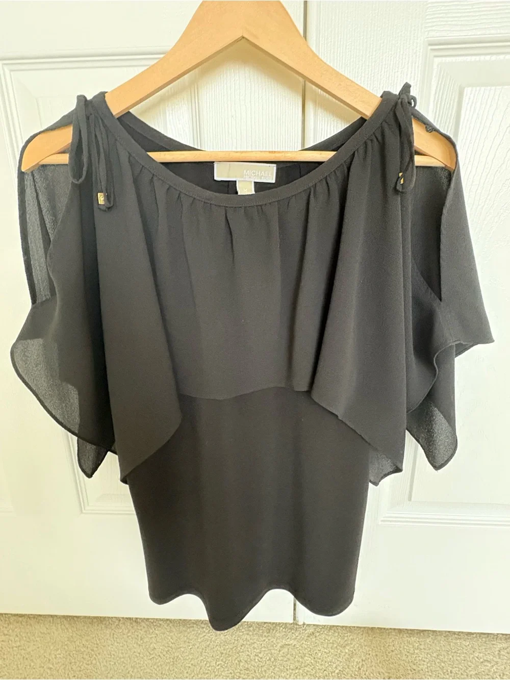 Michael Kors Black Cold-Shoulder Black Ruffle Top with Tie Details